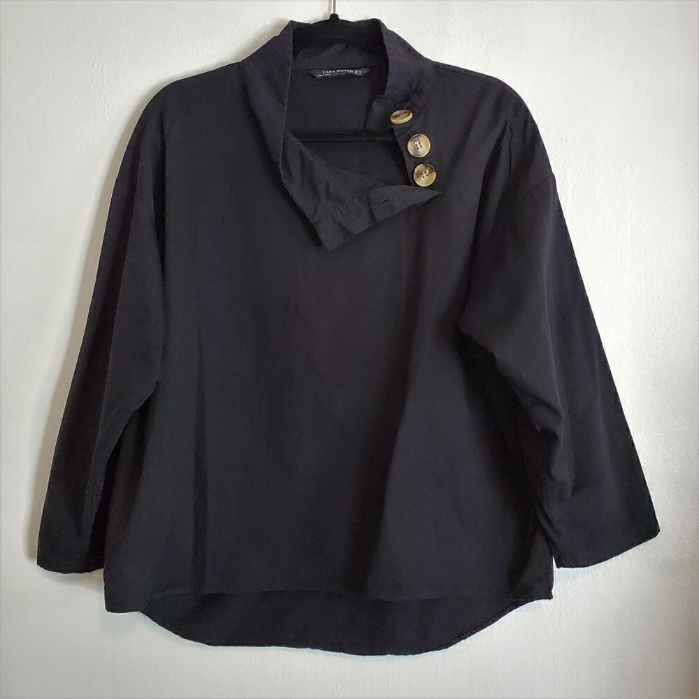 Zara Black Funnel-Neck Top with Gold Buttons